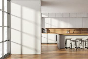 Kitchen room interior with oak wooden floor, empty white wall