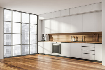 Corner view on kitchen room interior with panoramic window