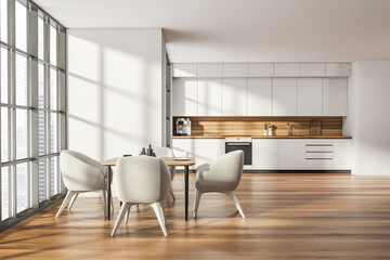 Kitchen room interior with oak wooden floor with four armchair