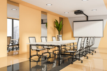 Office room interior with white empty roll up banner