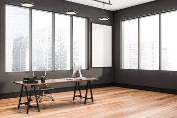 Office room interior with white empty poster and panoramic window