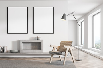 A row of two posters with white and grey seating area