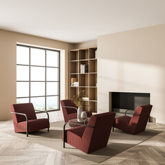 Corner of living room space with four red armchairs and fireplace