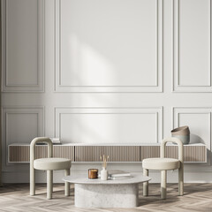 Living room interior with coffee table and two chairs
