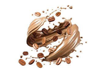 Milk coffee splash with Coffee Bean falling, 3d illustration.
