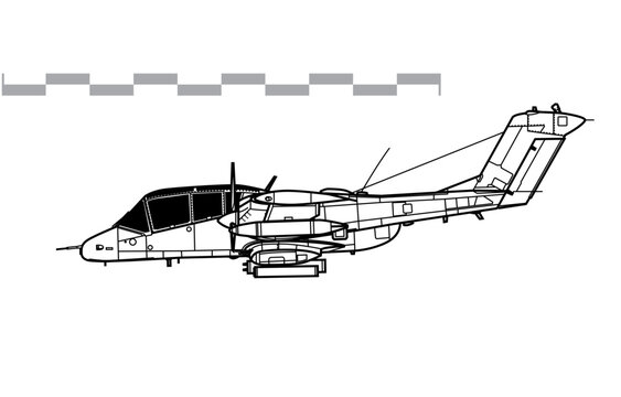 North American Rockwell OV-10 Bronco. Vector drawing of light attack and observation aircraft. Side view. Image for illustration and infographics