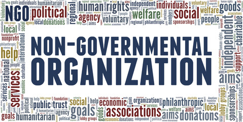 NGO Non-Governmental Organization vector illustration word cloud isolated on a white background.