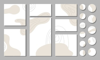 A set of templates for stories and posts. Vector illustration. Abstract spots of pastel beige color, curved lines. Square, landscape, portrait. Eps 10.