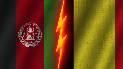 Belgium and Afghanistan Flags Together, Wavy Fabric Texture Effect, Neon Glow Effect, Shining Thunder Icon, Crisis Concept, 3D Illustration