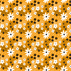 Ditsy floral vector seamless pattern. Small black and white meadow flowers on orange background. Tiny wildflower motif, template. Millefleur print. Fashion texture for textile, wrapping, gift paper