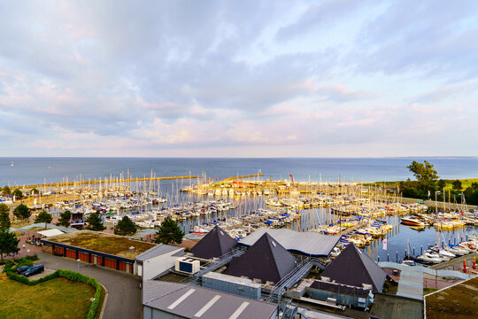 View on harbor of German touristic city resort Damp on Baltic sea. Panoramic view on sailing boats.