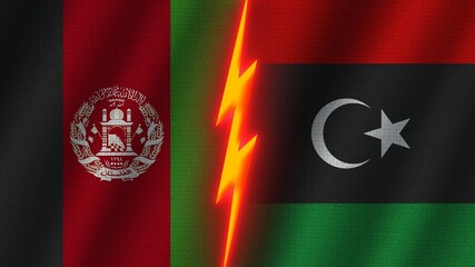 Libya and Afghanistan Flags Together, Wavy Fabric Texture Effect, Neon Glow Effect, Shining Thunder Icon, Crisis Concept, 3D Illustration