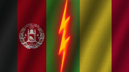 Mali and Afghanistan Flags Together, Wavy Fabric Texture Effect, Neon Glow Effect, Shining Thunder Icon, Crisis Concept, 3D Illustration
