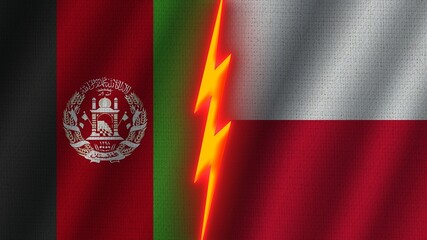 Poland and Afghanistan Flags Together, Wavy Fabric Texture Effect, Neon Glow Effect, Shining Thunder Icon, Crisis Concept, 3D Illustration