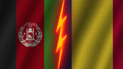 Romania and Afghanistan Flags Together, Wavy Fabric Texture Effect, Neon Glow Effect, Shining Thunder Icon, Crisis Concept, 3D Illustration