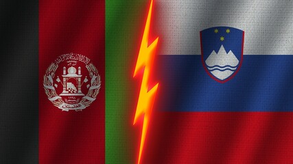Slovenia and Afghanistan Flags Together, Wavy Fabric Texture Effect, Neon Glow Effect, Shining Thunder Icon, Crisis Concept, 3D Illustration