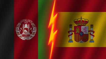 Spain and Afghanistan Flags Together, Wavy Fabric Texture Effect, Neon Glow Effect, Shining Thunder Icon, Crisis Concept, 3D Illustration