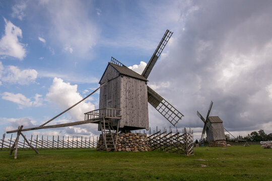 The photo of wind mills on Angla wind mill park on Saaremaa island, Estonia.