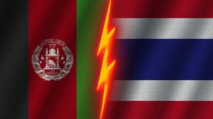 Thailand and Afghanistan Flags Together, Wavy Fabric Texture Effect, Neon Glow Effect, Shining Thunder Icon, Crisis Concept, 3D Illustration