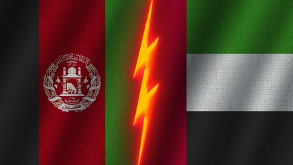 United Arap Emirates and Afghanistan Flags Together, Wavy Fabric Texture Effect, Neon Glow Effect, Shining Thunder Icon, Crisis Concept, 3D Illustration