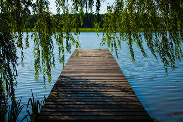 Horizontal view for wooden pier with green courtain of leaves.