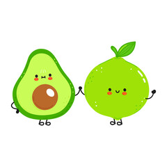 Happy cute smiling avocado and lime. Flat cartoon character illustration icon. Isolated on white background. Cute avocado and lime character