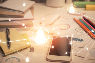 Double exposure of social network theme drawing and cell phone background. Concept of people connection over the world