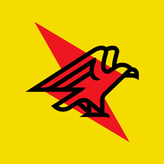 Bald eagle and lightning on yellow background. Bold line style logo mark template or icon of bird sits with wings spread