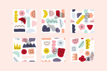Abstract seamless patterns with hand drawn doodle objects and various organic shapes. Contemporary multicolored vector design for modern wallpaper or packaging