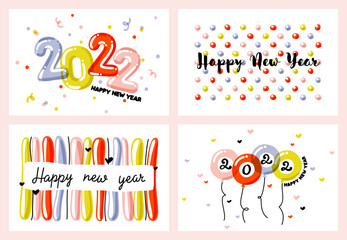 Cute New Year greeting card with multicolored balloons and hand drawn numbers 2022 on white background. Bright and festive vector illustration for holiday calendar or brochure cover