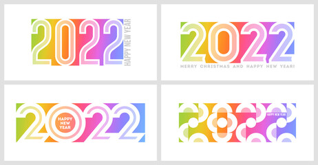 Happy New Year 2022 logo design with white elegant numbers on bright rainbow gradient background. Modern vector illustration for business diary cover, calendar, flyer or banner