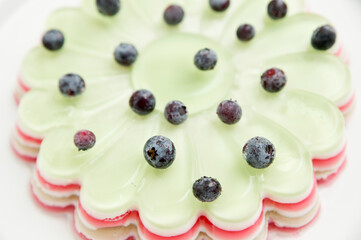Jelly cake with blueberries. Striped and sweet dessert.