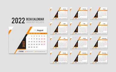Fototapeta na wymiar Desk Calendar 2022 template, weekly desk calendar 2022 starting Monday corporate design template.