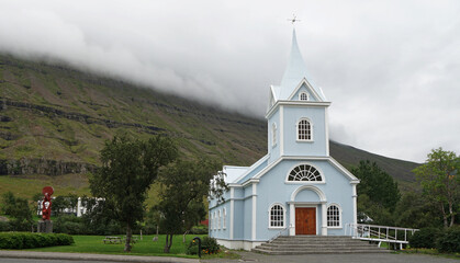 blue church in the mountains, Seydisfjordur, Iceland