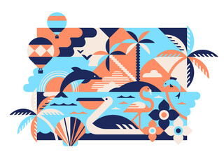 Vector illustration with tropical islands, the sea or ocean, on the theme of vacation and travel.
