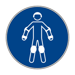 Wear protective roller sport equipment sign. Vector illustration of circular blue sign with man wearing body protectors. Head, palm, knee, wrist and elbow protector. Sport safety equipment symbol.