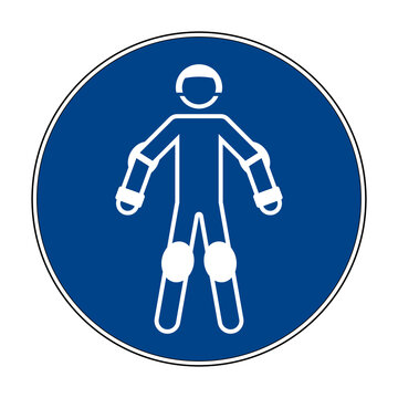 Wear protective roller sport equipment sign. Vector illustration of circular blue sign with man wearing body protectors. Head, palm, knee, wrist and elbow protector. Sport safety equipment symbol.