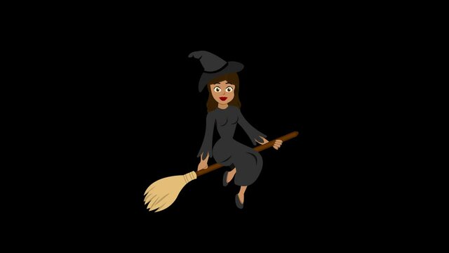 Looped animation of a cartoon witch flying on her broomstick