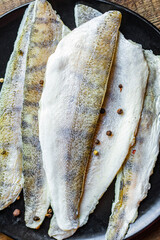 raw fillet no fish bones pike perch fresh seafood hake meal snack copy space food background rustic...