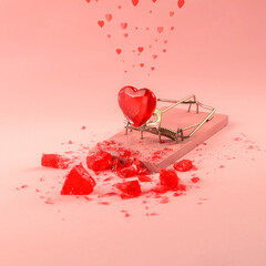 A glass heart in a mousetrap on a pink background. A creative concept for Valentine's Day.