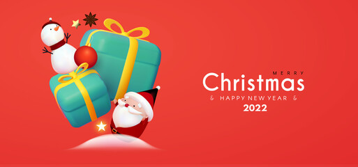 Merry Christmas and Happy New 2022 Year celebration with 3D Santa Claus character, snowman and gift box.