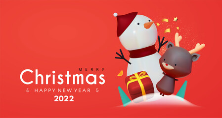 Merry Christmas and Happy New 2022 Year celebration with 3D Snowman character, Deer, confetti, gift box and fir tree.