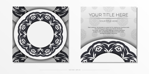 Luxurious White color postcard template with abstract ornament. Print-ready invitation design with mandala patterns.