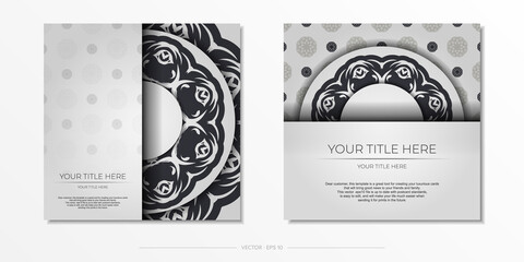 Luxurious White color postcard template with abstract ornament. Print-ready invitation design with mandala patterns.
