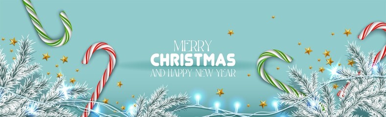  Vector realistic banner Merry Christmas and Happy New Year. With festive elements horizontal orientation in blue with white fir three.
