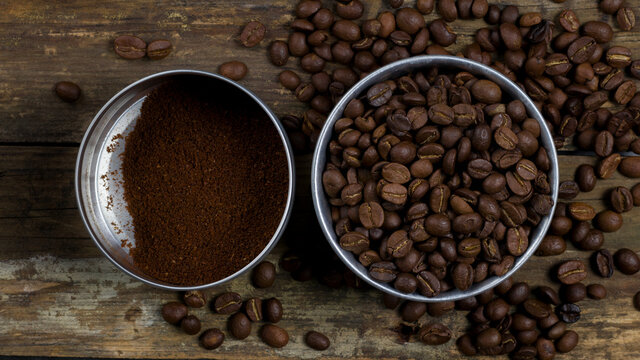 Images of coffee with elements such as coffee beans, coffee sets, and various backgrounds.