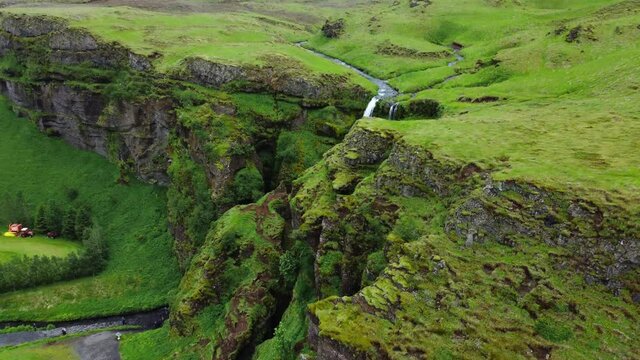 Gljufrabui waterfall in iceland. Aerial drone video of Icelandic landscape. Famous tourist attractions and landmarks destinations in Icelandic nature on Iceland. 4K UHD video.