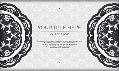 White vector banner with abstract ornaments and place under the text. Template for print design invitation card with mandala ornament.