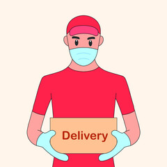 Delivery man in a protective mask and gloves for the prevention of coronavirus or Covid-19. Courier in a face mask with a box in his hands. Portrait from the waist up. Vector flat illustration.