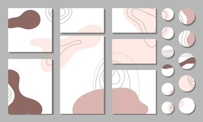 A set of templates for beauty stories and posts. Vector female illustration. Abstract spots of pastel beige, pink, brown, curved lines. Square, landscape, portrait. Eps 10.